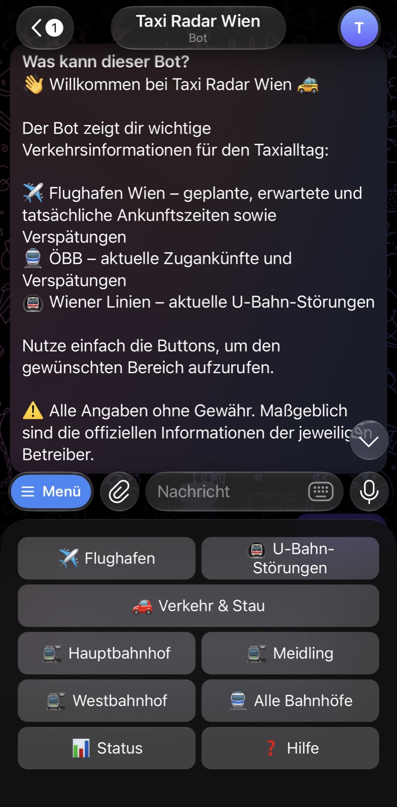 Taxi Radar Wien in Telegram mit Verkehrsübersicht und Menü